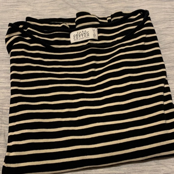 ZARA Black Creme Striped Boatneck T-Shirt Sz Small - Picture 3 of 5